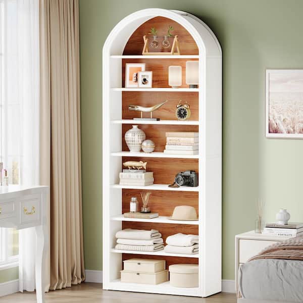 BYBLIGHT Eulas 78.7 in. Tall White Engineered Wood 8-Shelf Standard Bookcase Arched Bookshelf with Storage