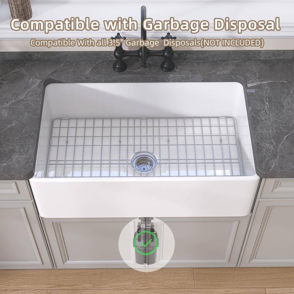 White Fireclay Single Bowl Farmhouse Kitchen Sink with Grid