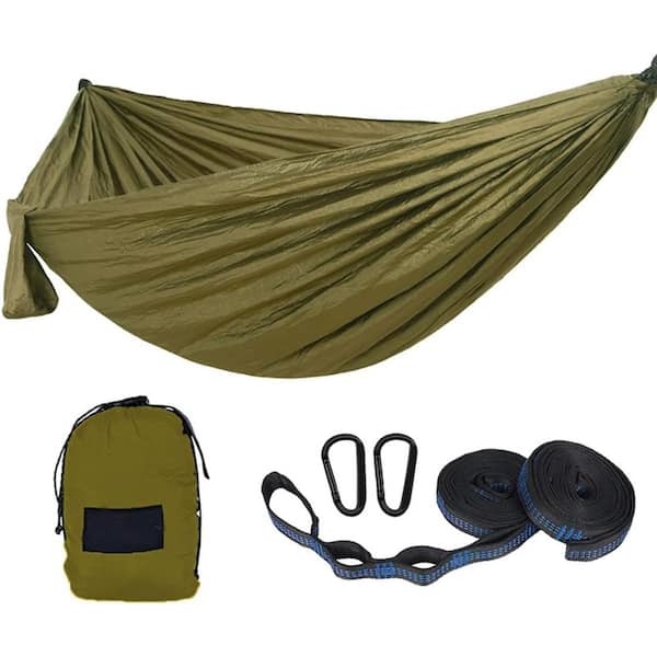 9 ft. Portable Camping Hammock Double & Single Ultralight Nylon Parachute Hammocks w/ 2 Tree Straps (Medium, Army Green)
