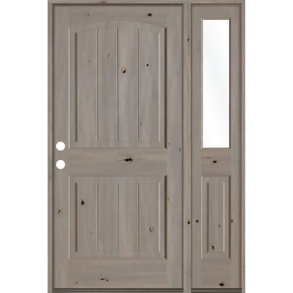 Krosswood Doors 44 in. x 80 in. Rustic Knotty Alder 2 Panel Right-Hand/Inswing Clear Glass Grey Stain Wood Prehung Front Door with RHSL