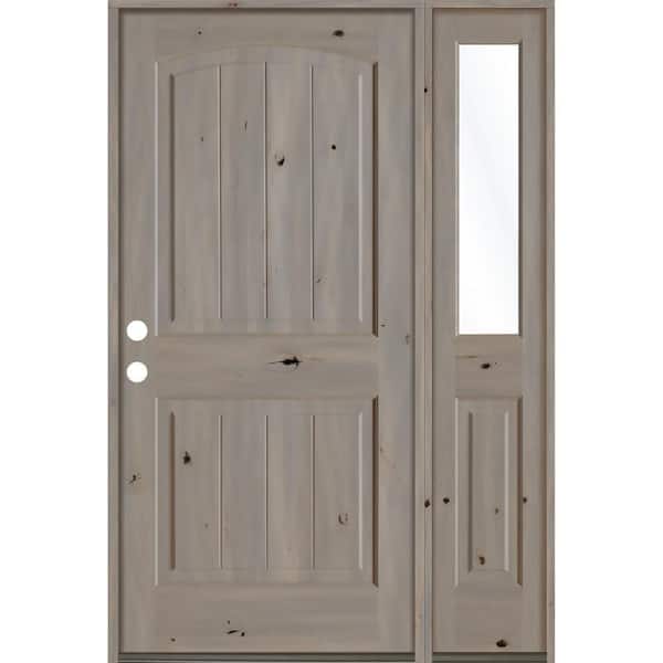 Krosswood Doors 46 in. x 80 in. Rustic Knotty Alder 2 Panel Right-Hand/Inswing Clear Glass Grey Stain Wood Prehung Front Door with RHSL