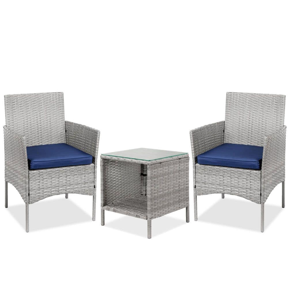 Gray Wicker 3-Piece Patio Bistro Set with Navy Cushions