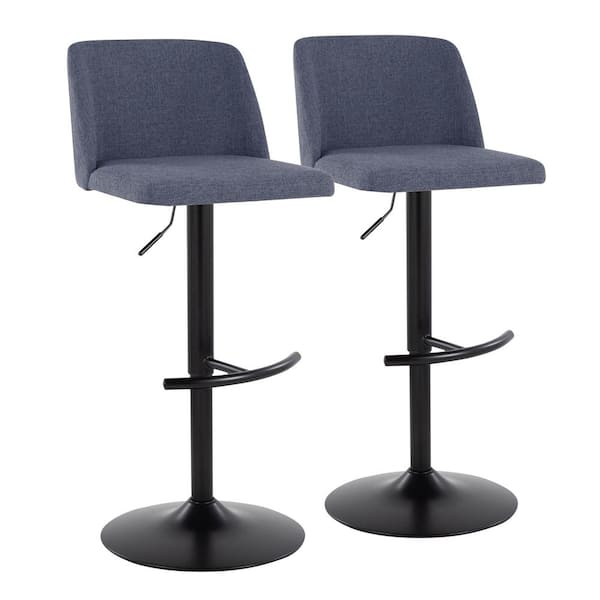 Lumisource Toriano 33 in. Blue Fabric and Black Metal Adjustable Bar Stool with Rounded T Footrest (Set of 2)