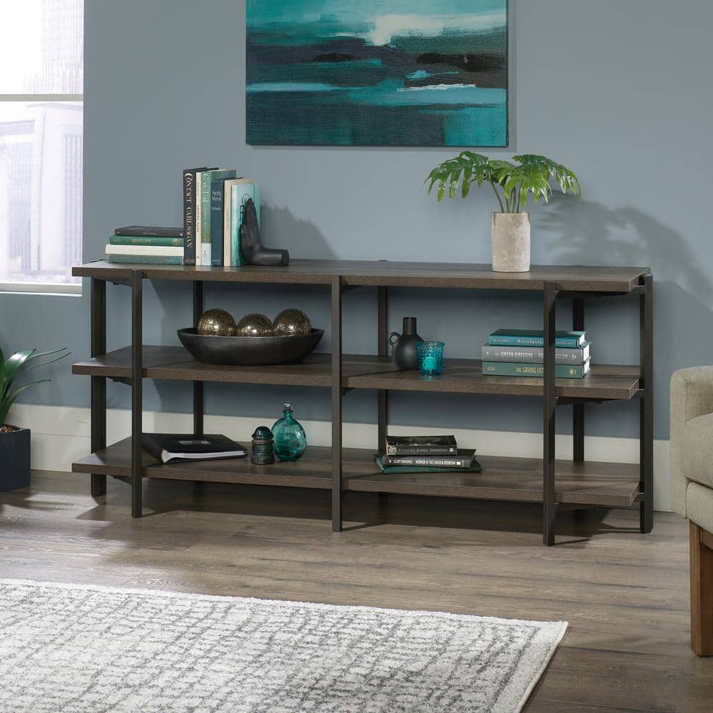 Smoked Oak and Black Metal 55" TV Stand with Open Shelving
