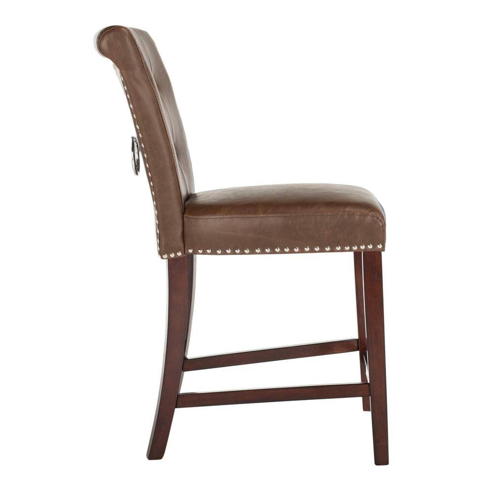 Transitional Tufted Brown Leather Counter Stool - Set of 2