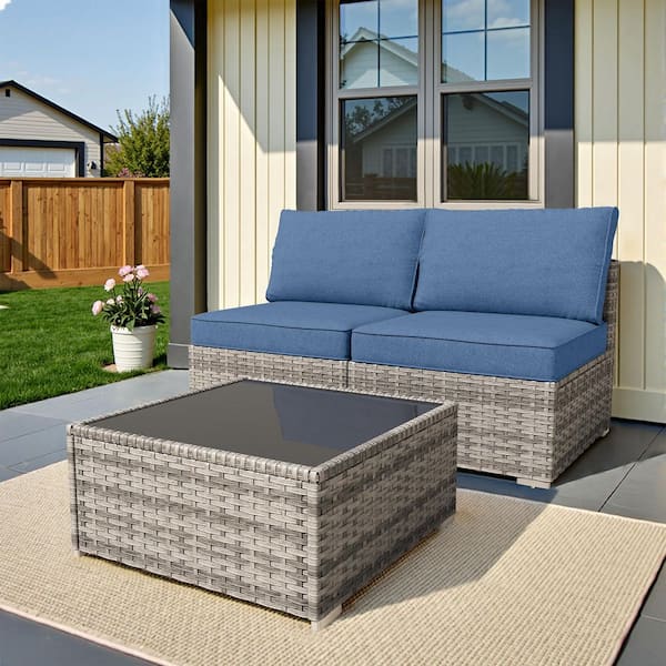 Charm 3 Pieces Wicker Outdoor Patio Conversation Seating Middle Sofa Set with Denim Blue Cushions and Coffee Table