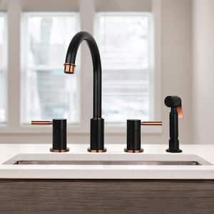 Two-Handles Black and Rose Gold Widespread Kitchen Faucet with Side Spray
