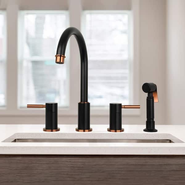 Two-Handles Black and Rose Gold Widespread Kitchen Faucet with Side Spray