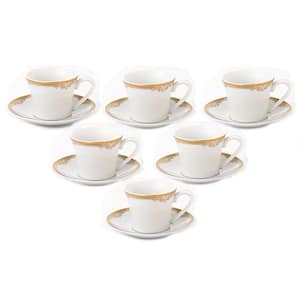 Set of 6 Colorful Porcelain Espresso Cup and Saucer Set - 2 oz, Gold Color