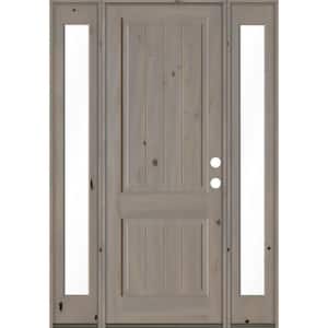 64 in. x 96 in. Rustic Knotty Alder Square Top Left-Hand/Inswing Clear Glass Grey Stain Wood Prehung Front Door w/DFSL