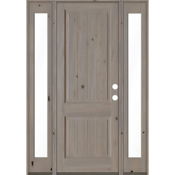 Krosswood Doors 64 in. x 96 in. Rustic Knotty Alder Square Top Left-Hand/Inswing Clear Glass Grey Stain Wood Prehung Front Door w/DFSL