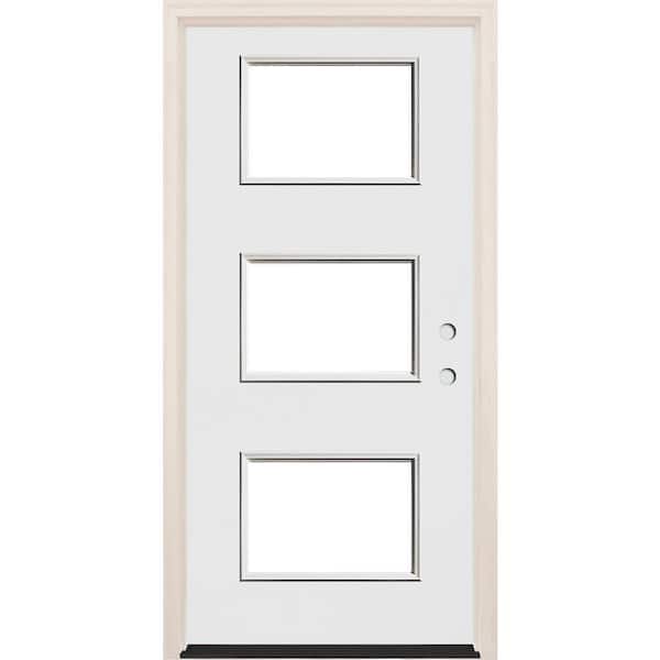 Builders Choice 36 in. x 80 in. Left-Hand/Inswing 3 Lite Clear Glass Unfinished Fiberglass Prehung Front Door with 6-9/16 in. Frame