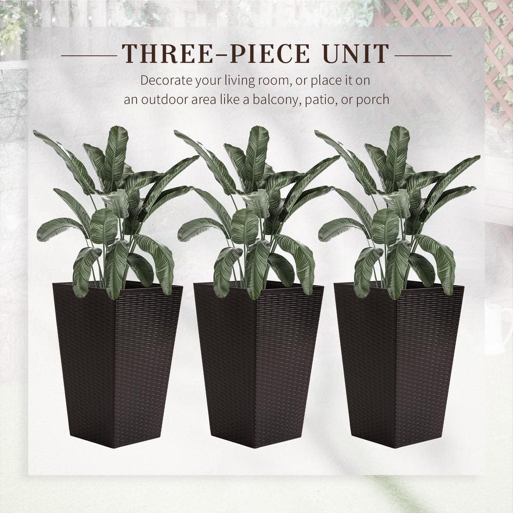 Set of 3 Tall Brown Rattan-Style Plastic Planters