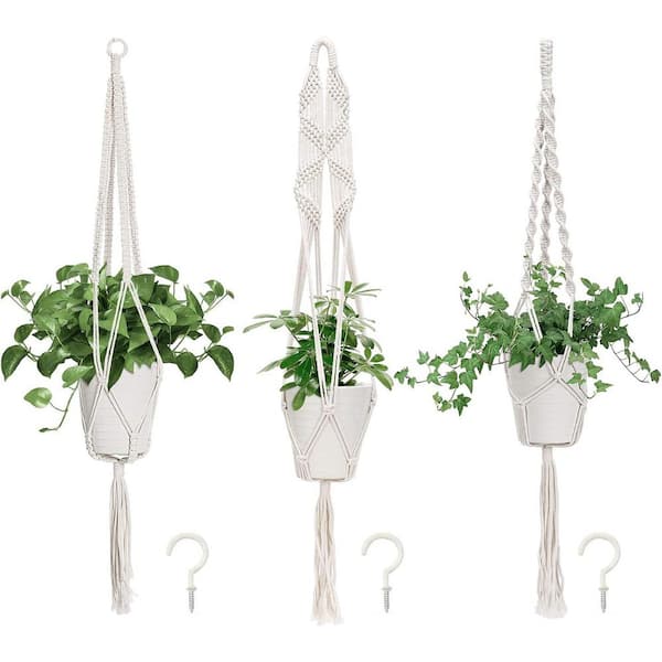 3 Types Cotton Rope White Macrame Plant Hanger with Hook (3-pack)