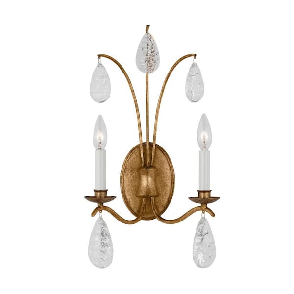 Generation Lighting Shannon 10.75 in. W x 20 in. H 2-Light Antique Gild Large Wall Sconce with Textured Crystal Drop Glass