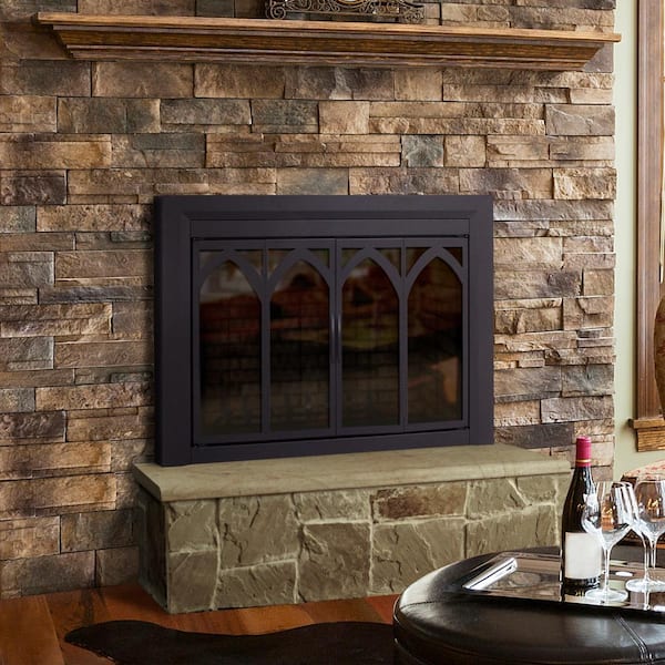 Pleasant Hearth Collin Medium Black Glass Fireplace Doors