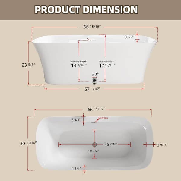 67 in. x 31in. Acrylic Freestanding Soaking Bathtub Rectangular Free Stand Alone Tub Flat Bottom with Center Drain White