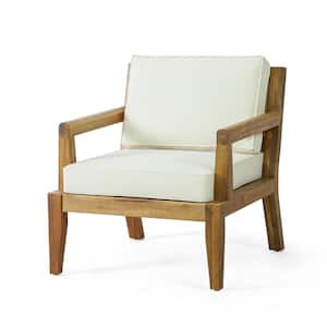 Classic Style Solid Acacia Wood Outdoor Lounge Chair with Beautiful Open Slat Paneling in Water-Resistant Beige Cushions