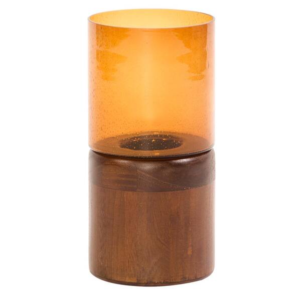 Unbranded Amber Glass Candle Holder on Wood Base Small