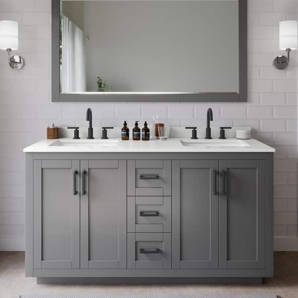 Wyndham Collection Miranda 60 in. W x 22 in. D x 33.75 in. H Double Bath Vanity in Dark Gray with White Quartz Top and 58 in. Mirror