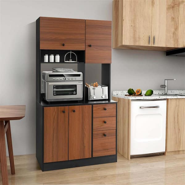 Costway Walnut MDF 37 in. Buffet Hutch with Adjustable Shelves