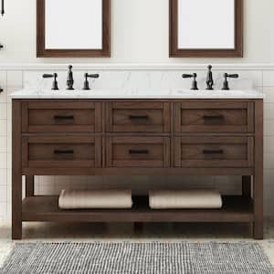 Tolbrook 60 in. W x 22 in. D x 35 in. H Double Sink Bath Vanity in Brown Oak with White Engineered Carrara Stone Top