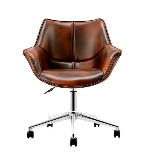 Magic Home Brown PU Leather Swivel Office Chair with Adjustable Height