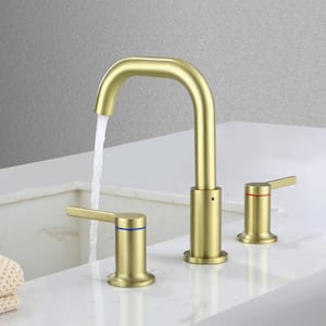 Rectangle 8 in. Widespread Double Handle Brass 3 Hole Bathroom Sink Faucet in Brushed Gold