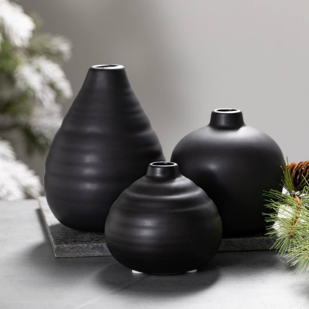 Matte Black Ceramic Bud Vase Trio, 9" x 6.5" Modern Home Decor
