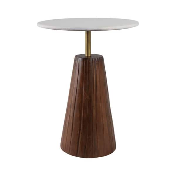 17 in. White/Brown Round Wood Fluted Base Marble Top End Table
