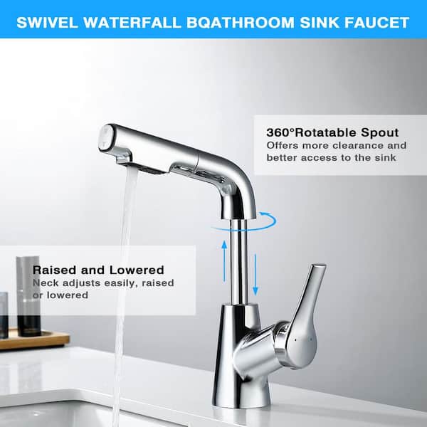 Lifting Faucet Single Handle Single Hole Pull Down Bathroom Faucet with Pop-up Drain Kit in Polished Chrome