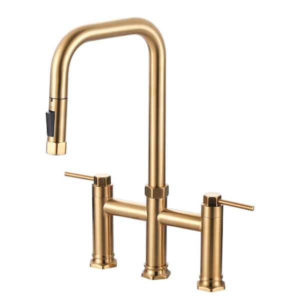 Double-Handle Bridge Kitchen Faucet with Pull-Down Sprayhead and 360° High-Arc Spout in Gold