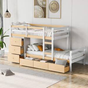 Twin Over Twin Loft Bunk Bed with 6 Drawers and Ladder,Solid Wood Bunk Bed Frame for Kids, Natural