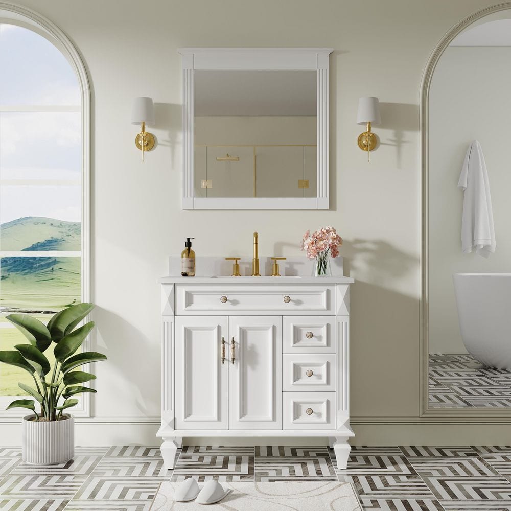 36 in. W Single Sink Bath Vanity in White with Carrara White Stain-Resistant Quartz Top and 32 in. W Mirror price history on PriceWatchPro