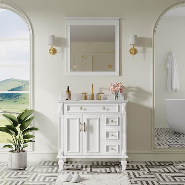 ANGELES HOME 36 in. W x 22 in. D x 35 in. H Single Sink Bath Vanity in White with Carrara White Stain-Resistant Quartz Top and Mirror