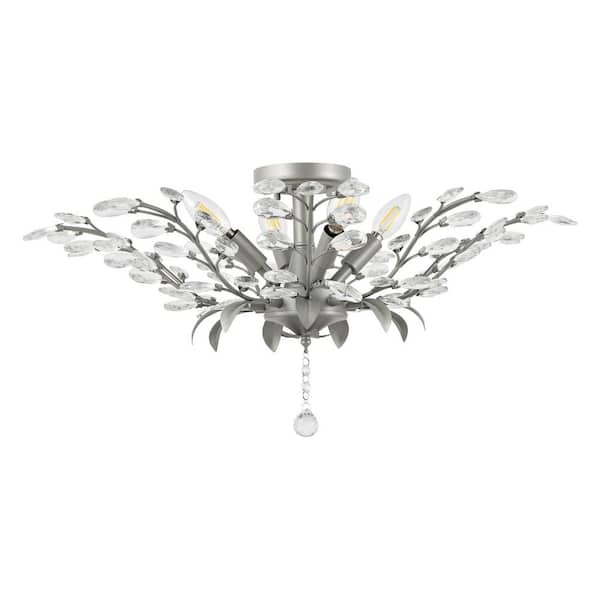 Elisana 26 in. 4-Light Silver Gray/Clear Contemporary Bohemian Iron/Acrylic LED Semi Flush Mount