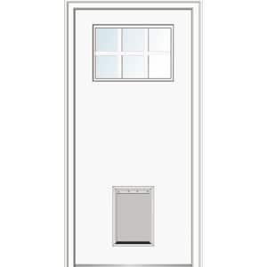 36 in. x 80 in. Classic Left-Hand Inswing 6-Lite Clear Primed Fiberglass Smooth Prehung Back Door with Large Pet Door