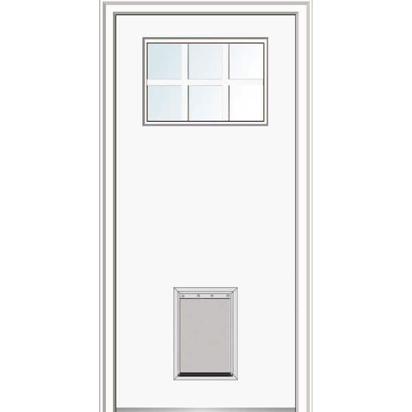 MMI DOOR 36 in. x 80 in. Classic Left-Hand Inswing 6-Lite Clear Primed Fiberglass Smooth Prehung Back Door with Large Pet Door