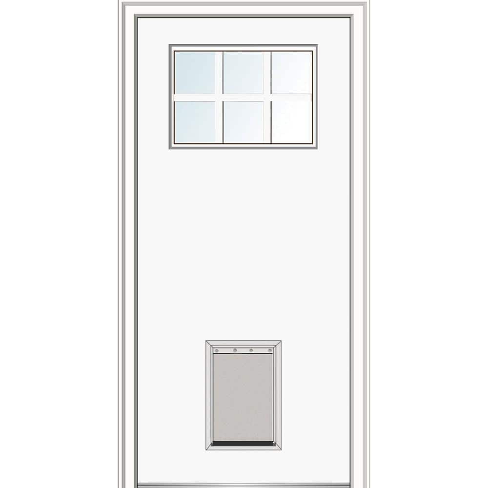 32 in. x 80 in. Classic Left-Hand Inswing 6-Lite Clear Primed Fiberglass Smooth Prehung Back Door with Large Pet Door price history on PriceWatchPro