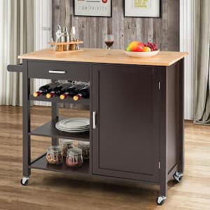 4-Tier Espresso Wood Kitchen Island Trolley Cart Storage Cabinet with Wine Rack