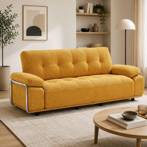 Modern 88.98 in. Pillow Top Arm Chenille Rectangle 3-Seater Sofa with Cushions and Steel Frame in Yellow