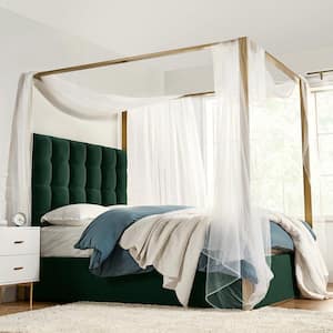 Madeleine Green Gold Metal Wood Frame Upholstered Queen Size Canopy Bed