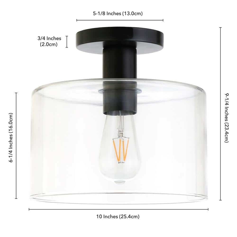 Industrial Matte Black 10" Drum Ceiling Light with Clear Glass Shade