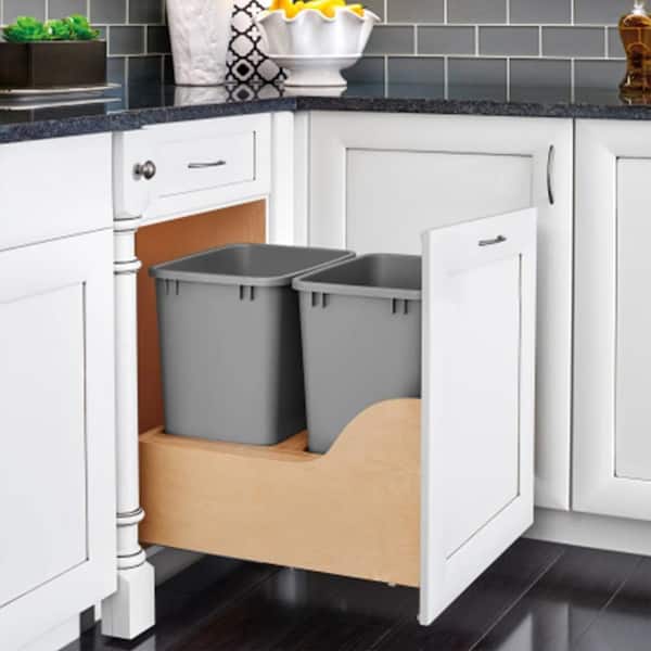 Metallic Silver Double Pull Out Trash Can 35 Qt w/ Soft-Close, 18 in. W