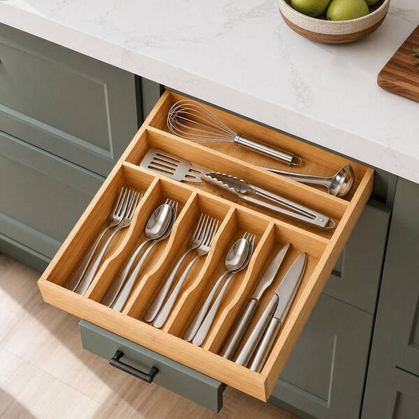 Wudkey 2.5 in. H x 12.9 in. W x 17 in. D 7 Slots Bamboo Kitchen Cookware Organizer for Flatware Cutlery Knives, Forks, Spoons
