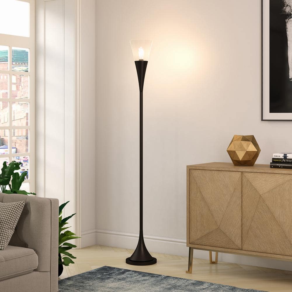 Moura 71" Blackened Bronze Torchiere Floor Lamp with Seeded Glass Shade