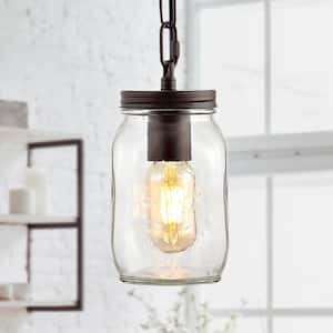 Gaines 5.5 in. 1-Light Farmhouse Industrial Iron Mason Jar LED Pendant, Oil Rubbed Bronze/Clear