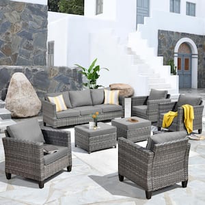 Positano Gray 7-Piece Wicker Patio Conversation Set with Dark Gray Cushions