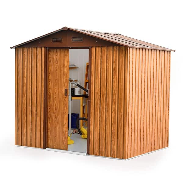 EGEIROSLIFE 7.4 ft. W x 5.3 ft. D Wood Grain Metal Storage Shed with Sliding Lockable Doors (50 sq. ft.)