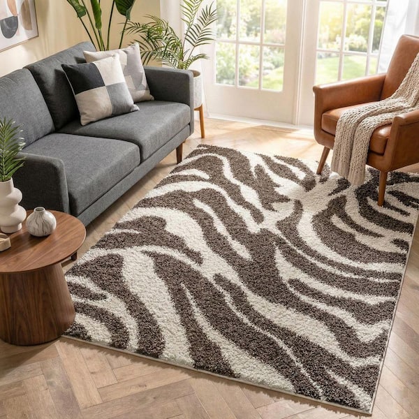 Well Woven Madison Shag Safari Zebra Modern Animal Print Brown